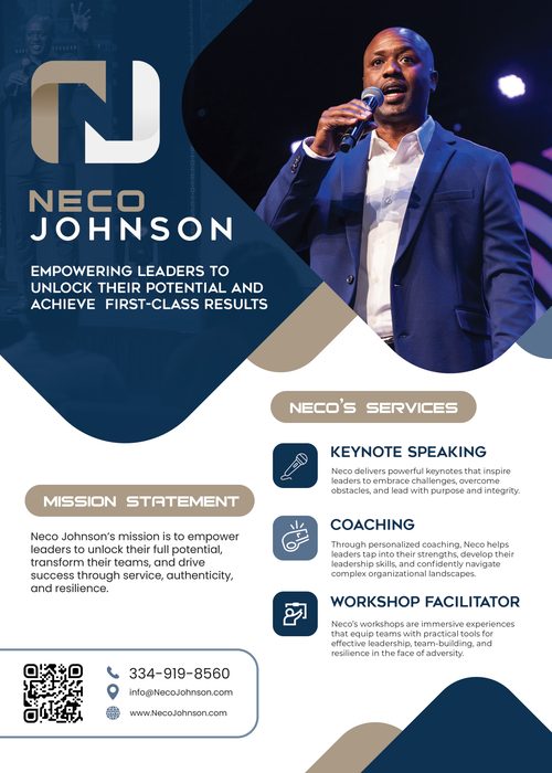 Neco Johnson press kit — services and mission statement page.