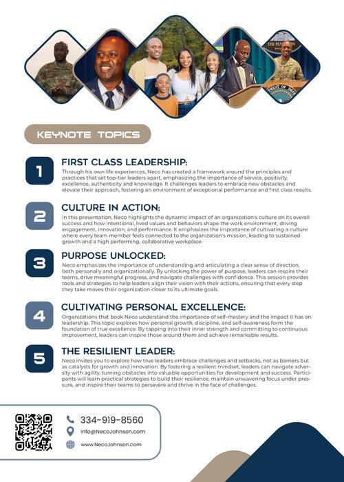 Neco Johnson press kit — keynote topics page.