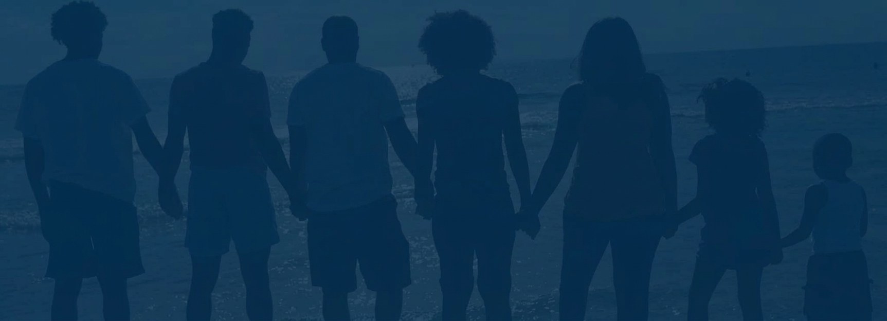 Silhouette of the Johnson family standing together at the water's edge, holding hands.